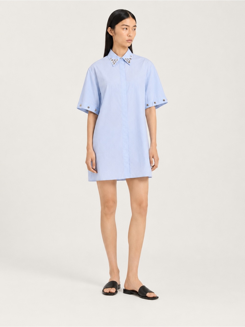 Maison Martin Margiela MM6 Pinstripe Poplin Blue Collar Studded Shirt Dress 44